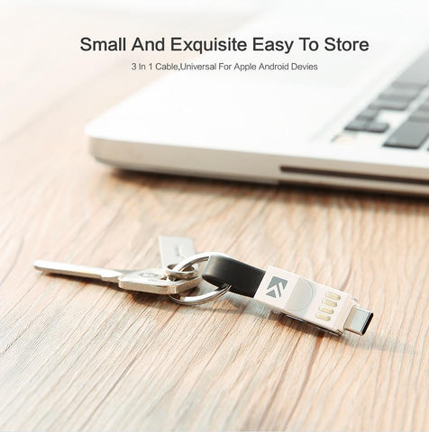 3 in 1 Mini Keychain USB Cable Micro USB Type C For iPhone iPod